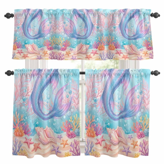 Ocean Marine Life Kitchen Curtains Valances and Tiers Set of 3 Watercolor Pink Fish Tails Starfish Sea Nut Seagrass Tier Curtains and Valance with Rod Pocket for Small Windows, 27.5"x36"