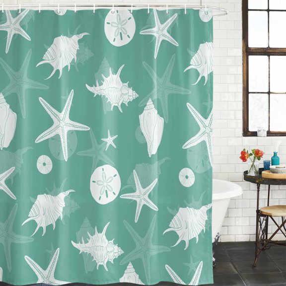 Ocean Marine Life Shower Curtain, Summer Starfish Sand Dollar Conch Mint Green Waterproof Washable Shower Curtain for Bathroom Bathtub Partition Bath Decoration Set with Hooks 72x72in
