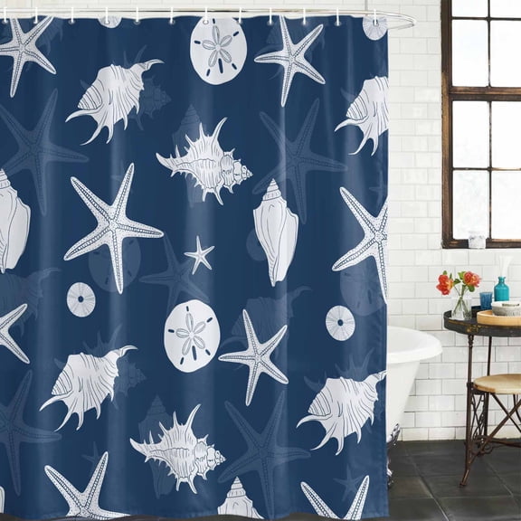 Ocean Marine Life Shower Curtain, Summer Starfish Sand Dollar Conch Navy Blue Waterproof Washable Shower Curtain for Bathroom Bathtub Partition Bath Decoration Set with Hooks 72x72in