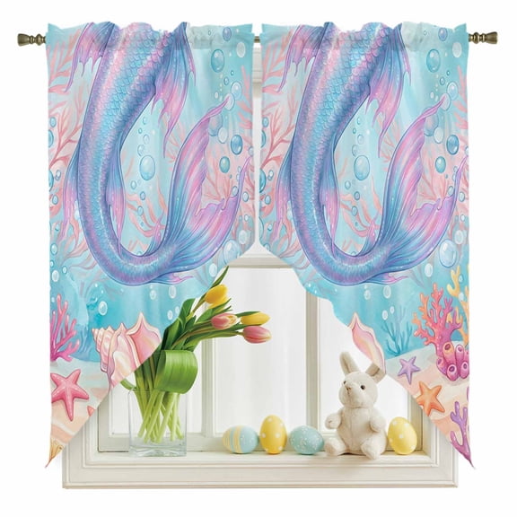 Ocean Marine Life Swag Kitchen Curtain Valances, Watercolor Pink Fish Tails Starfish Sea Nut Seagrass Rod Pocket Curtains Window Treatment Decor Valances for Bedroom Bathroom, 2 Panels 36 x 63 Inch