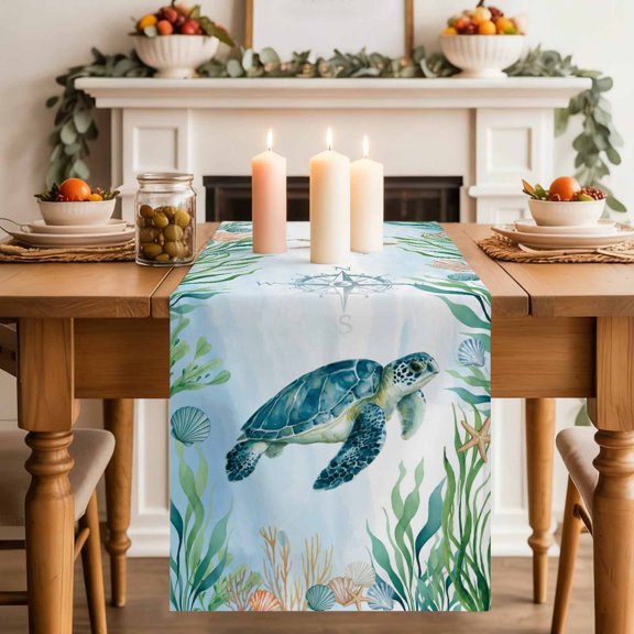 Ocean Marine Life Turtle Nautical Compass Table Runner 70 Inches Long,Kitchen Dining Tablerunners Blue Linen Table Runners Dresser Scarves for Home Dinner Wedding Holiday Party Decor