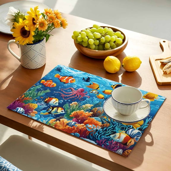 Ocean Marine Placemats Set of 12, Life Tropical Fish Octopus Coral Underwater World Non-Slip Place Mats Washable Table Mats for Kitchen Dining Table Decorations Indoor/Outdoor