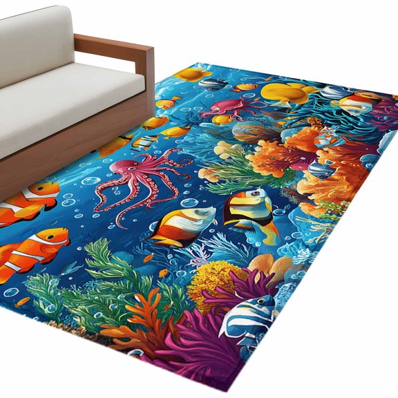 Ocean Marine Rectangle Area Rug 4x6 ft Life Tropical Fish Octopus Coral Underwater World Washable Rugs for Living Room, Non Slip Soft Carpet for Bedroom Entryway Dining Room