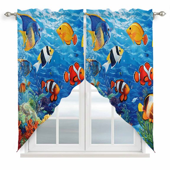 Ocean Marine Swag Valances for Windows 2 Pack Life Tropical Fish Coral Underwater World Swag Kitchen Curtains 36 Inches Long Rod Pocket Short Window Treatment for Kitchen Bathroom 36"x36"