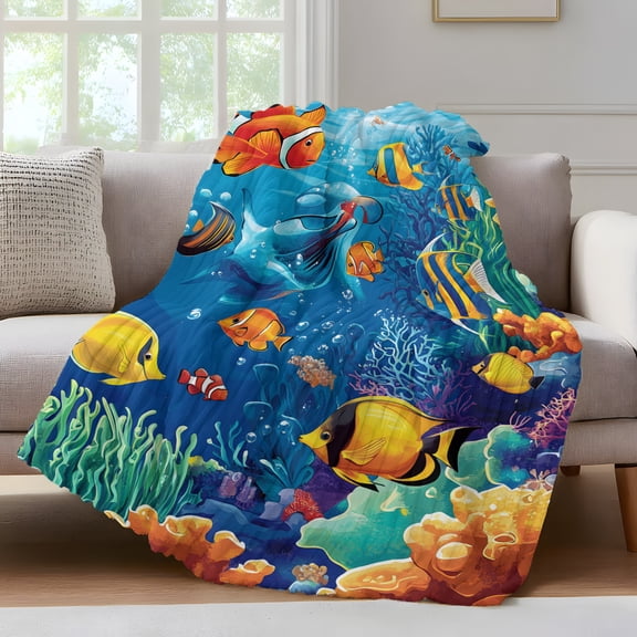 Ocean Marine Throw Blanket for Couch Life Fish Coral Seagrass Underwater Coastal Soft and Warm Flannel 3D Striped Fluffy Fuzzy Fleece Blanket Lightweight Throw for Bed, Sofa 30 x 40 Inches