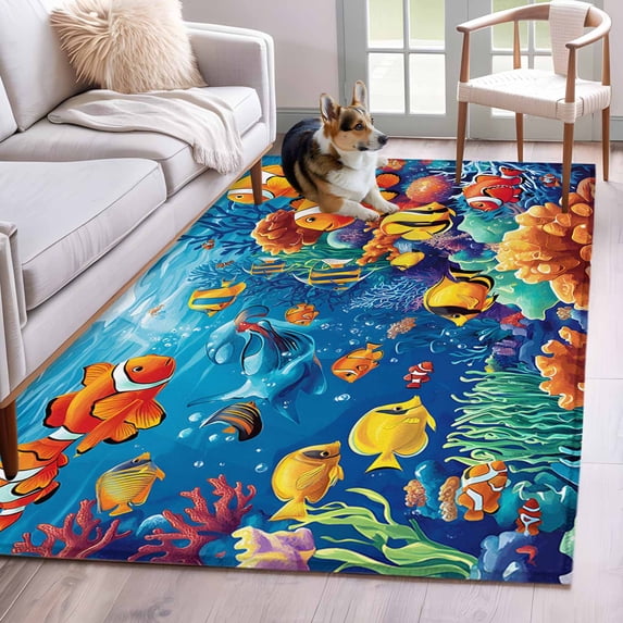 Ocean Marine Washable Area Rug 3x5 111 Life Fish Coral Seagrass Underwater Coastal Low-Profile Large Area Rugs with Non Slip Backing Indoor Floor Carpet for Entrance Living Room Bedroom Home Office