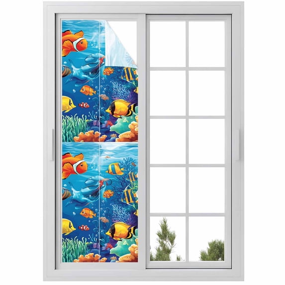 Ocean Marine Window Privacy Film Life Fish Coral Seagrass Underwater Coastal Decorative Glass Window Film UV Blocking Static Cling Non-Adhesive Sticker Covering for Home Door 17.7 x 78.7 inches