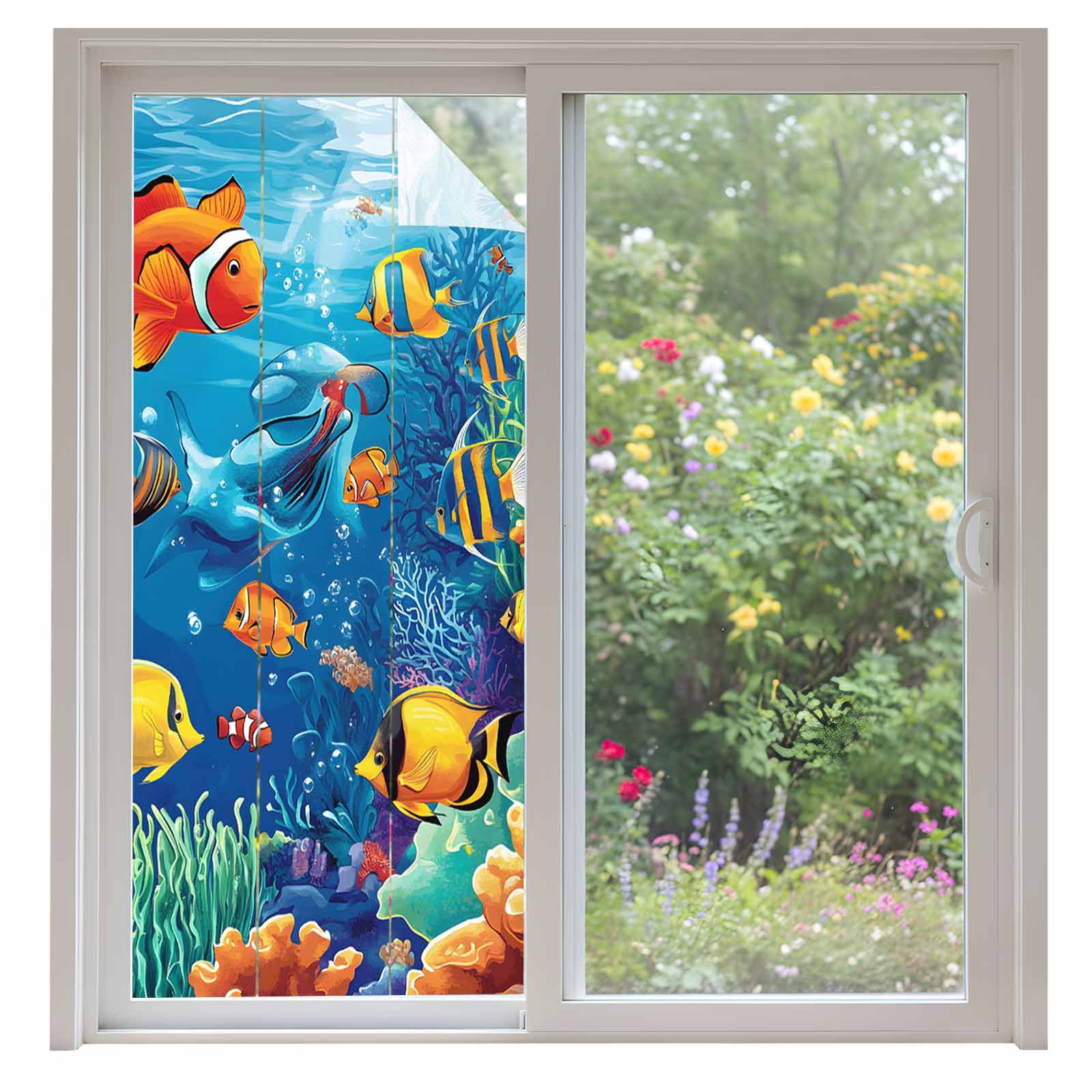 Ocean Marine Window Privacy Film Life Fish Coral Seagrass Underwater Coastal Decorative Glass Window Film UV Blocking Static Cling Non-Adhesive Sticker Covering for Home Door 35.4x78.7 inches