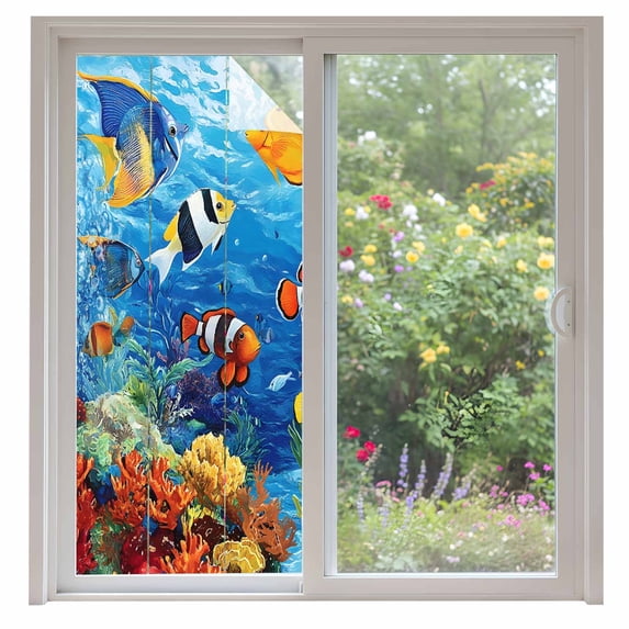 Ocean Marine Window Privacy Film Life Tropical Fish Coral Underwater World Decorative Glass Window Film UV Blocking Static Cling Non-Adhesive Sticker Covering for Home Door 35.4x78.7 inches
