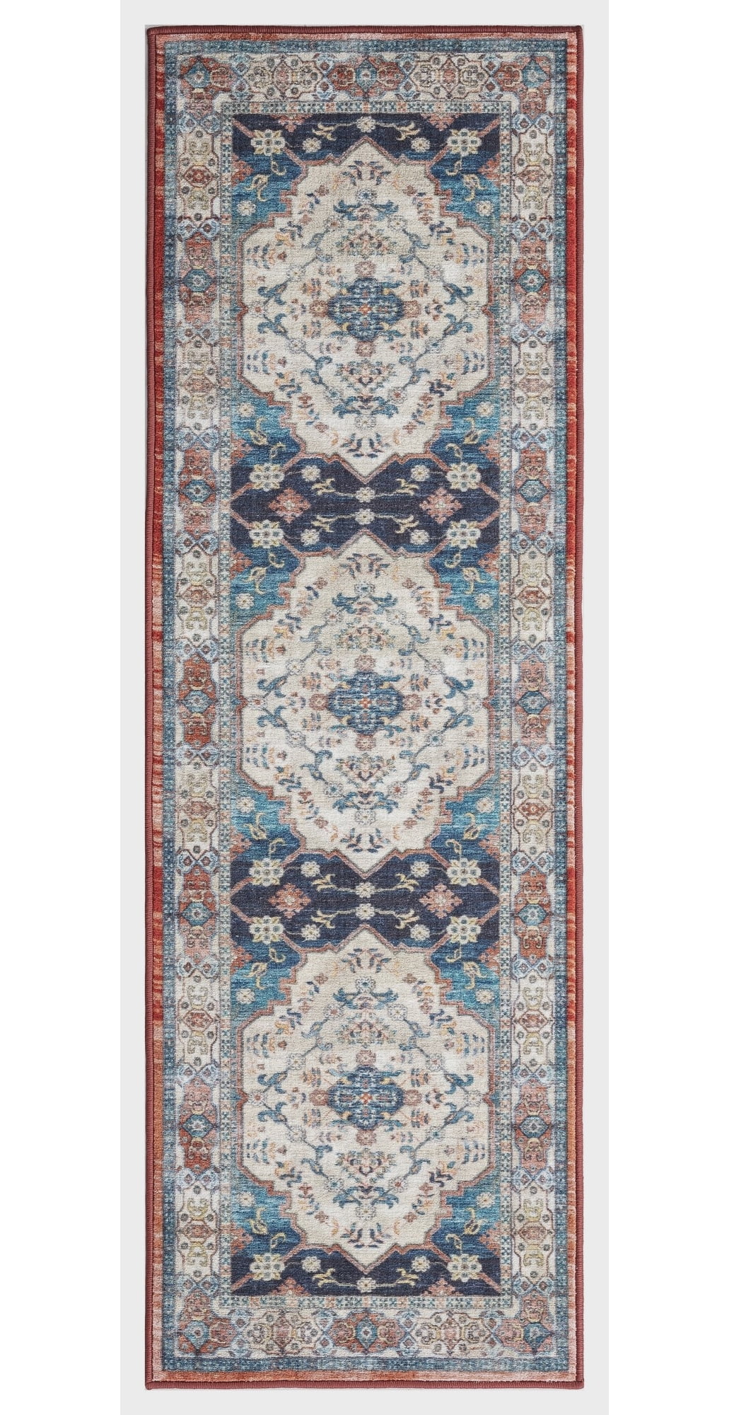Ivory and Navy Medallion Polyester Washable Area Rug