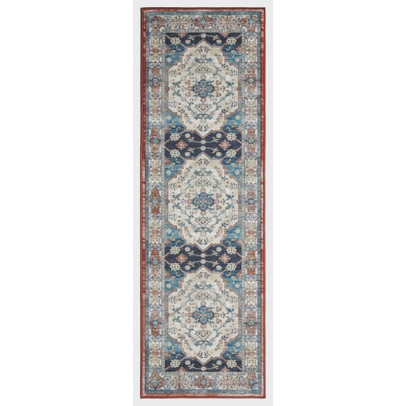Ocean Medallion Navy 3 ft. x 9 ft. Machine Washable Traditional Indoor Area Rug