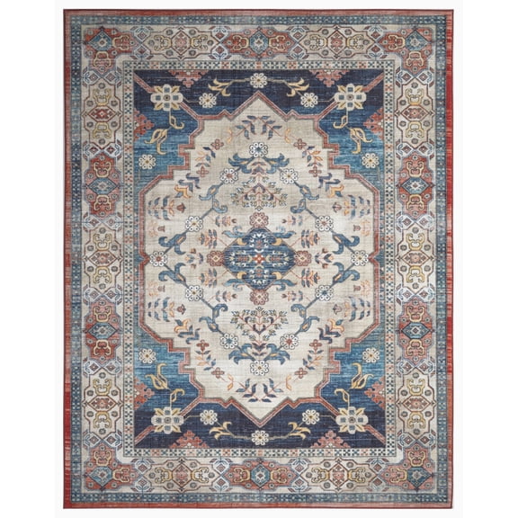 Ocean Medallion Navy 6 ft. x 9 ft. Machine Washable Traditional Indoor Area Rug