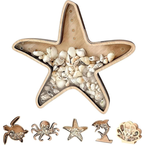 Ocean Memory Turtle Shadow Box, Clear Window Seashell Holder.Wooden Seashell Collection Display, Sea Animal Stand Up Display Case for Seashells Sea Glass, Beach Keepsake Gift