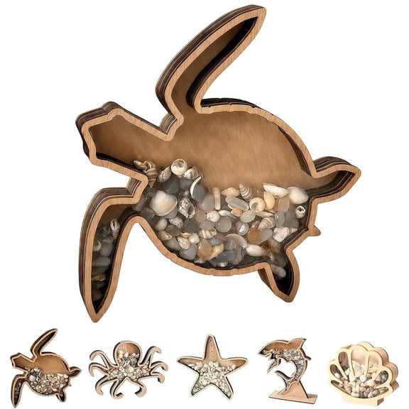Ocean Memory Turtle Shadow Box, Clear Window Seashell Holder.Wooden Seashell Collection Display, Sea Animal Stand Up Display Case for Seashells Sea Glass, Beach Keepsake Gift