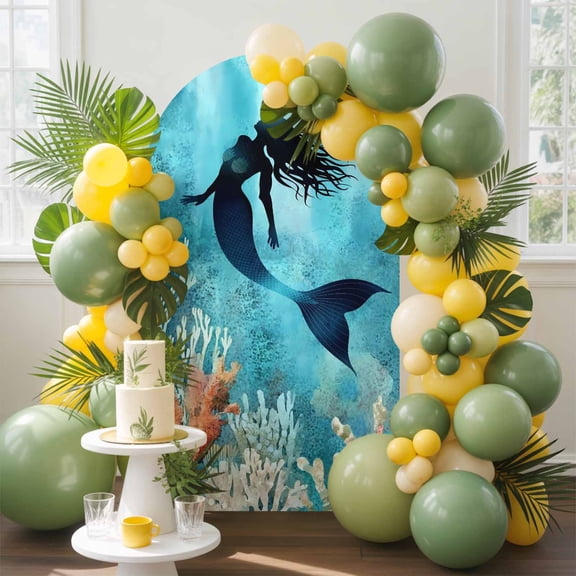 Ocean Mermaid Arch Backdrop Cover, 7.2FT, Shadow Coral Seabed Watercolor Style Spandex Arch Covers Double-Sided Backdrop for Wedding Birthday Party Photo Background Decoration