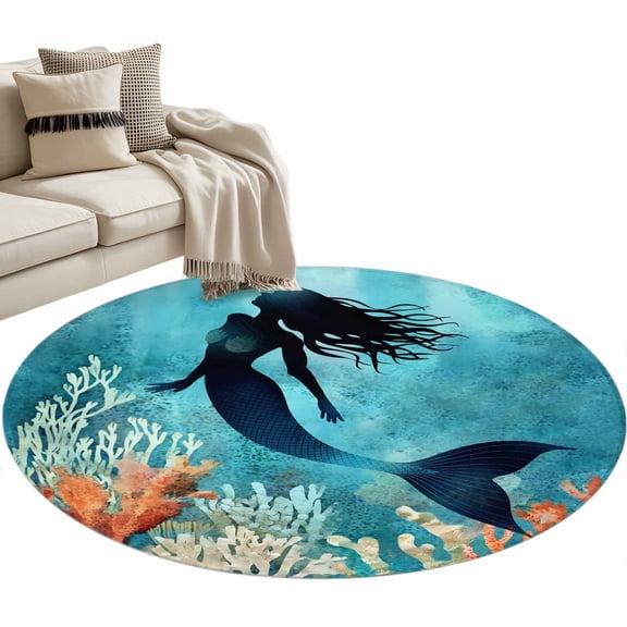 Ocean Mermaid Area Rug, Shadow Coral Seabed Watercolor Style Washable Large Circle Carpet, Non Slip Round Rug for Living Room/Bedroom/Dining Room/Home Office/Dorm