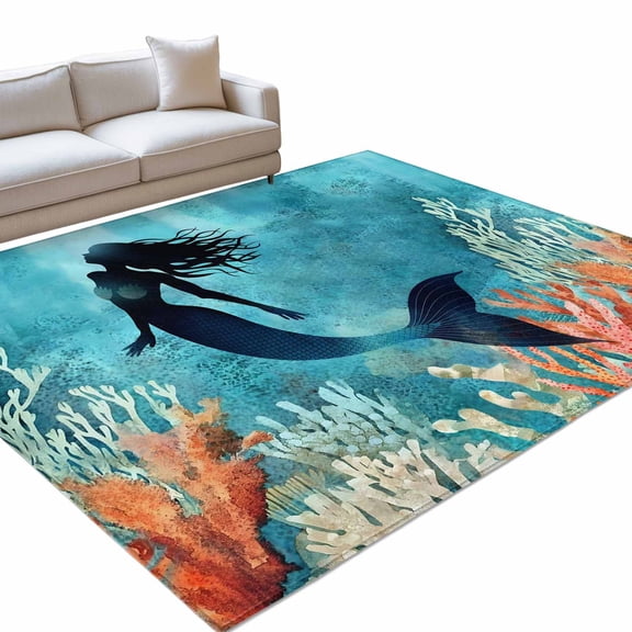 Ocean Mermaid Area Rugs 3x5ft Shadow Coral Seabed Watercolor Style Floor Rug Non Slip Low Pile Ultra Soft Throw Carpet for Entryway Indoor Entrance Kitchen Bathroom