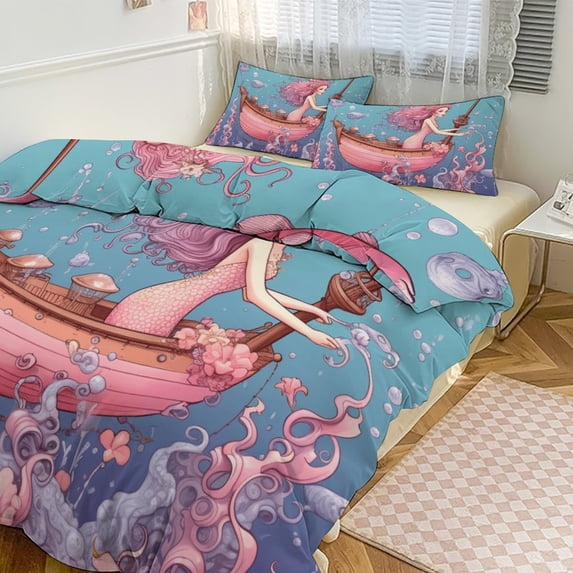 Ocean Mermaid Coral Bedding Sets Twin Duvet Cover 3 Piece Cute Bed Set for Boys Girls Kid