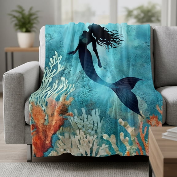 Ocean Mermaid Fleece Throw Blanket Shadow Coral Seabed Watercolor Style Ultra Soft Fuzzy Cozy Flannel Throw Blanket for Couch Sofa Bed Car Travel, Ideal Gifts 30x40 Inches