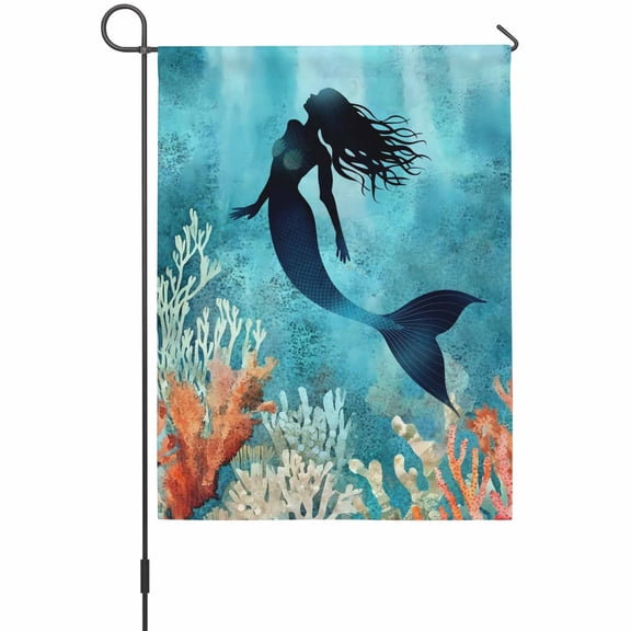 Ocean Mermaid Garden Flag 12 x 18 Inches, Shadow Coral Seabed Watercolor Style Weather Proof Outdoor Patio Flags Double Sided Small Garden Decoration for Yard Outside Home