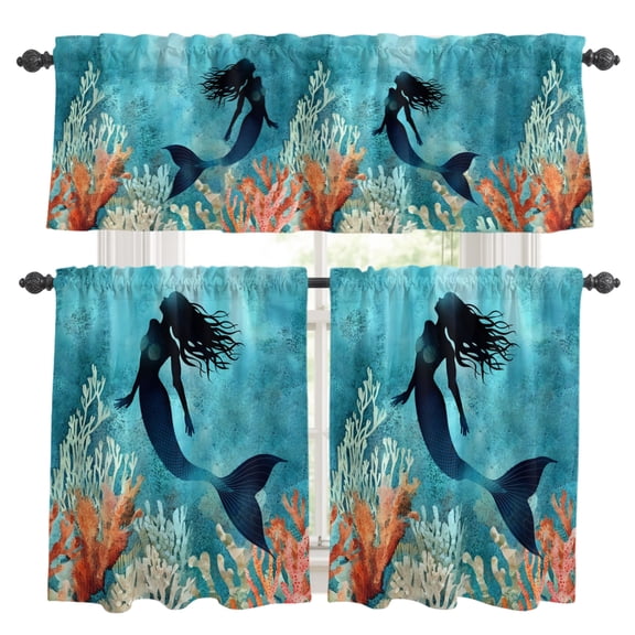 Ocean Mermaid Kitchen Curtains Set for Windows, Shadow Coral Seabed Watercolor Style Curtains Valance and Tier 3 Piece Set Small Drapes 24 Inch Length for Kitchen Bedroom Decor