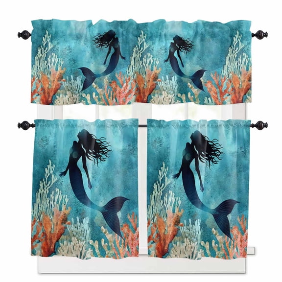 Ocean Mermaid Kitchen Curtains Valance and Tier Set Shadow Coral Seabed Watercolor Style Rod Pocket Short Curtains for Small Window 3 Pieces Set for Bedroom Bathroom Cafe (54" x 18"+27" x 24")
