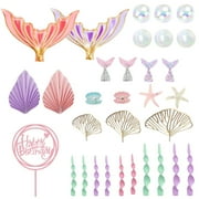 Ocean Mermaid Party Theme Cake Topper Under The Sea Cupcake Kit - Big Mermaid Tails, Seaweed, Bubbles, Shells, and Golden Ginkgo Leaves