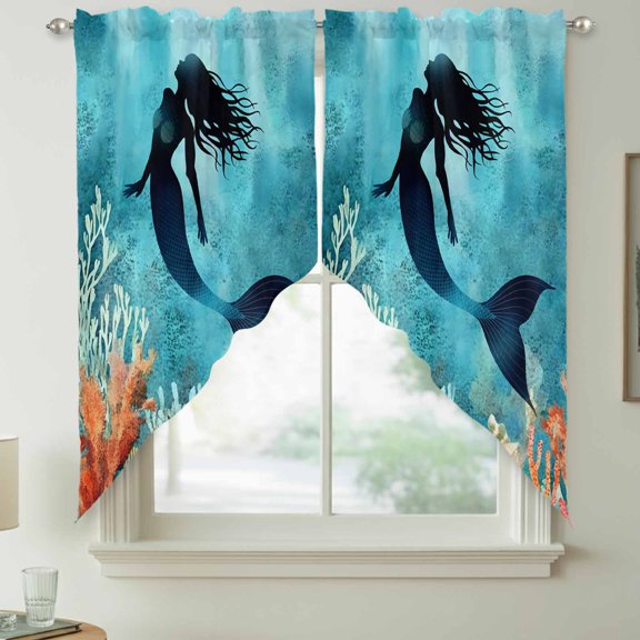 Ocean Mermaid Swag Kitchen Curtain Valances, Shadow Coral Seabed Watercolor Style Rod Pocket Curtains Window Treatment Decor Valances for Bedroom Bathroom, 2 Panels 28 x 36 Inch