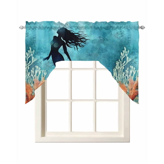 Ocean Mermaid Swag Valance for Window, Shadow Coral Seabed Watercolor Style Light Filtering Swag Curtain Rod Pocket Kitchen Curtain Valance for Bedroom