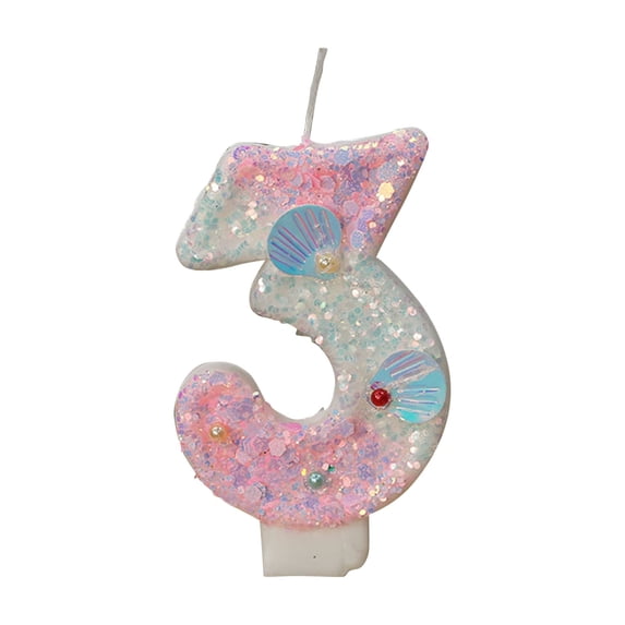 Ocean Mermaid Theme Cake Candles Numbers 3, Purple Gradient Cake Topper with Sequins for Girls Birthday Party, Version A