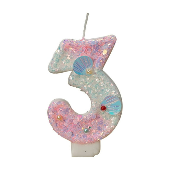Ocean Mermaid Theme Cake Candles Numbers 3, Purple Gradient Cake Topper with Sequins for Girls Birthday Party, Version A