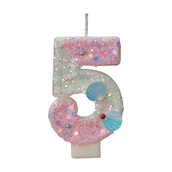 Ocean Mermaid Theme Cake Candles Numbers 5, Purple Gradient Cake Topper with Sequins for Girls Birthday Party, Version A