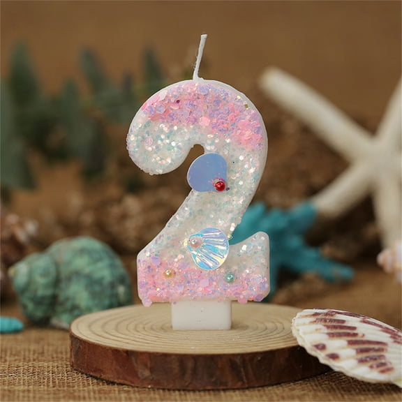 Ocean Mermaid Theme Cake Candles with Numbers 2, Purple Cake Topper with Sequins for Girls Birthday Party Cake Decoration Supplies, Version C