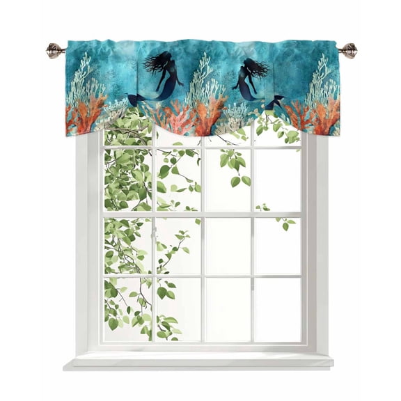 Ocean Mermaid Tie Up Valances Curtain, Shadow Coral Seabed Watercolor Style Kitchen Valances for Windows Decor, Rod Pocket Short Curtains Set for Bedroom/Bathroom, 42"x18"
