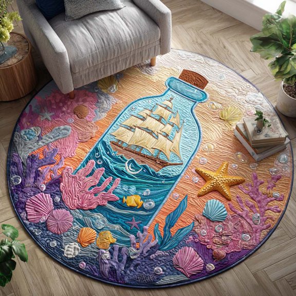 Ocean Message Quilted Round Mat, 3D Optical Illusion Ocean Rug, Ocean Message Floor Mat, Coastal Home Decor, Indoor Outdoor Area Rug