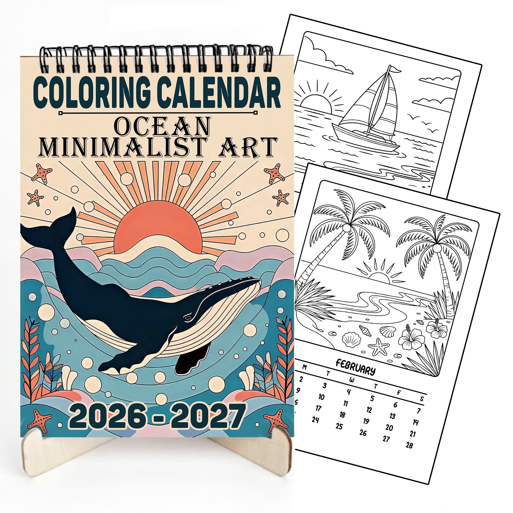 Ocean Minimalist Art Coloring Desk Calendar 2026–2027, A5 Wooden Cover Planner with 26 Easy Coloring Pages for Adult Relaxation, 24 Month Desktop Calendar with Stand, Gift for Family, Friends