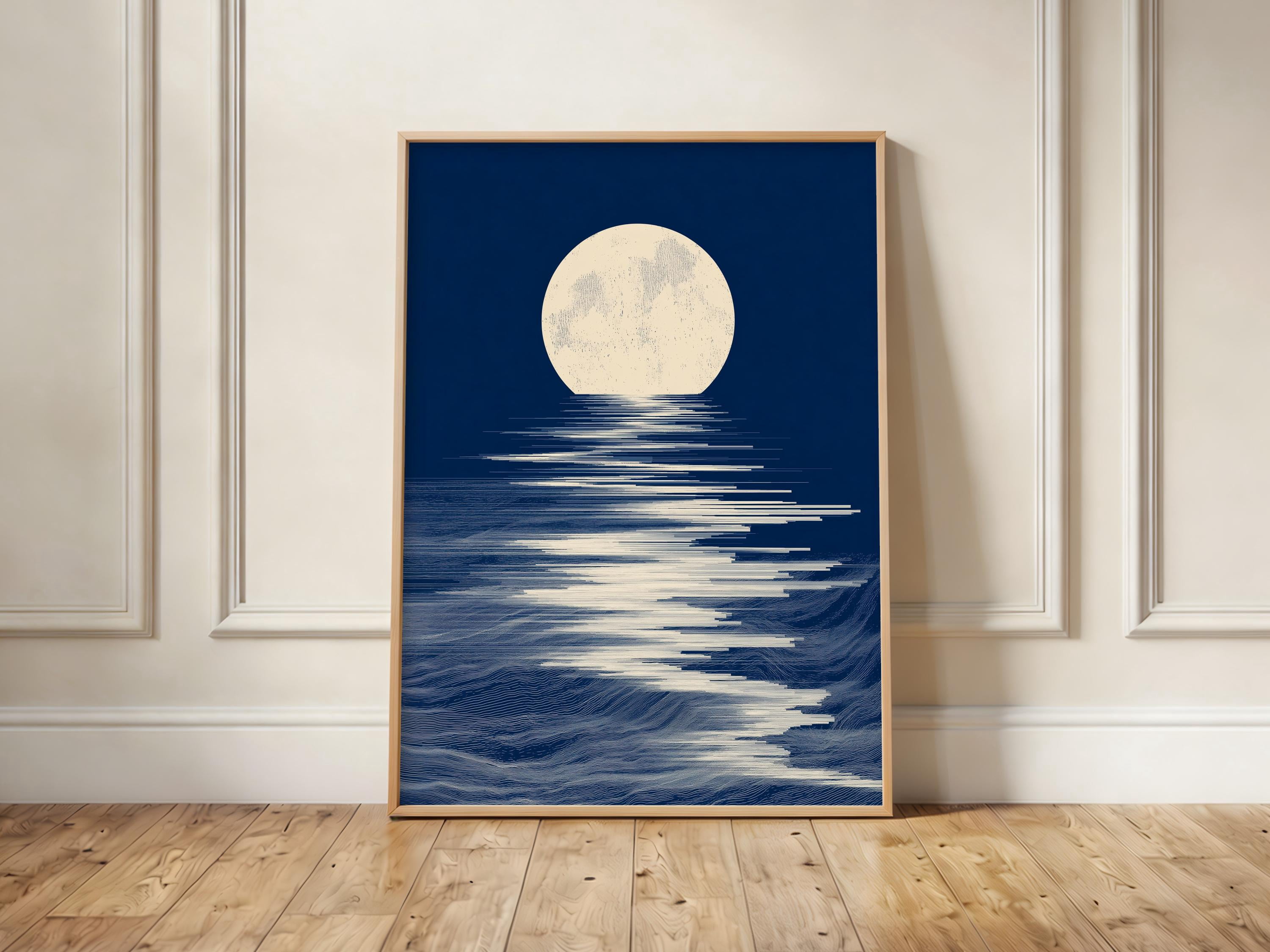 Ocean Minimalist Moon Over Coastal Reflection Art Poster , Poster Print ...