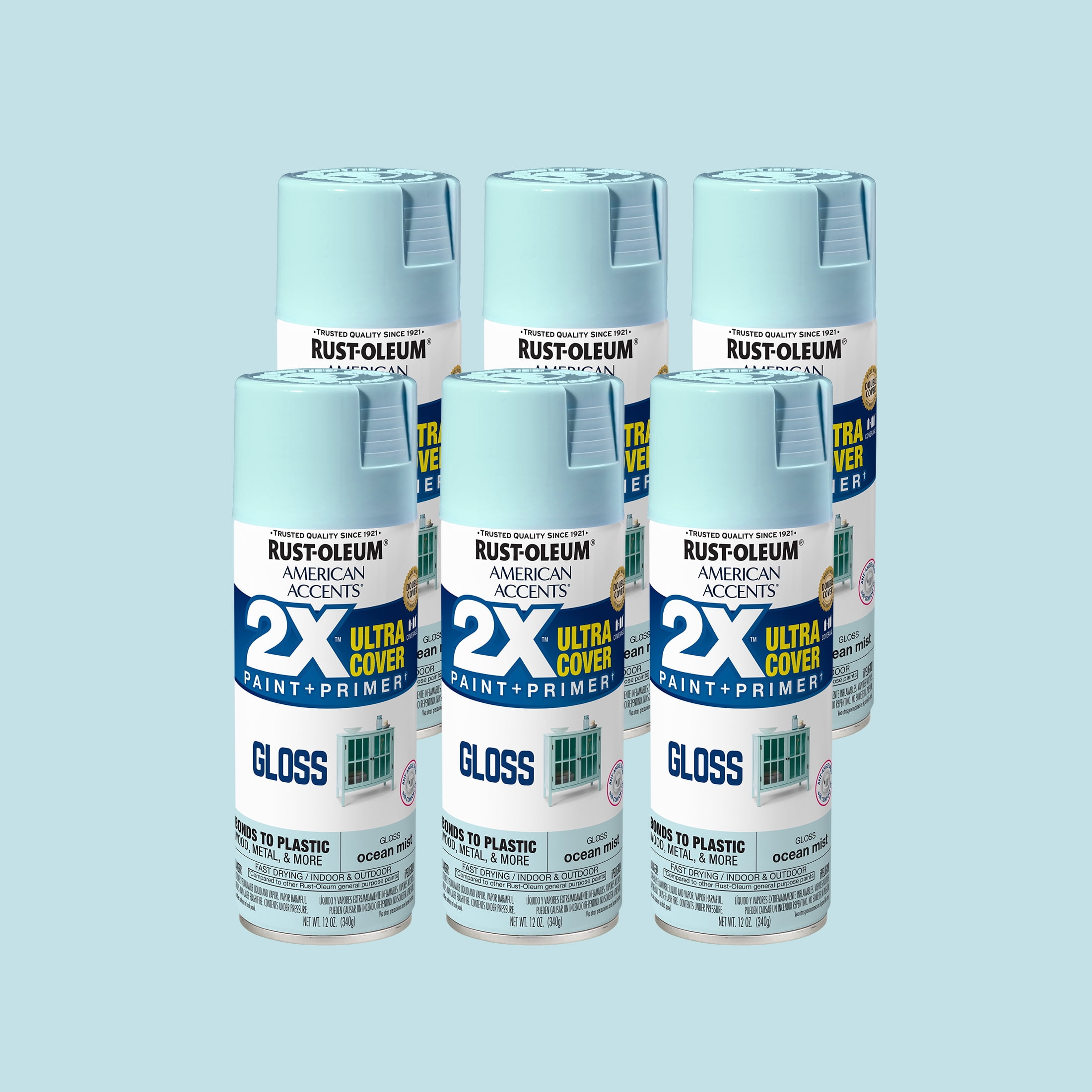 6 Pack, Ocean Mist Rust-Oleum American Accents 2X Ultra Cover Gloss Spray Paint-327905, 12 oz