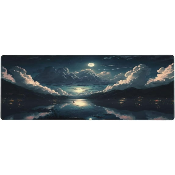 Ocean Moon Mouse Pad Gaming Large Cloud Mousepad Non-Slip Rubber Base Desk Mat with Stitched Edges Waterproof Desktop Protector Decor Desk Pad for Work Game Office (31.5x11.8 in)