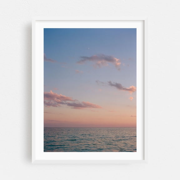 Ocean Moon - Santa Rosa Beach Florida Photography Ocean Sunset Seascape Minimalist Pastel Moon Calm White Framed Wall Art Print 5 x 7 inches