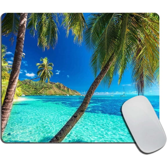 Ocean Mouse Pad, Tropical Island with The Palm Trees and Clear Sea Beach Theme Print Customized Non-Slip Rubber Base Mousepads, Computer Mouse Pads for Wireless Mouse 9.5×7.9×0.12 inches