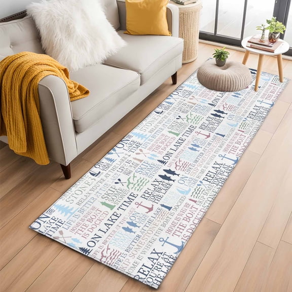 Ocean Nautical 2'x6' Runner Rugs for Hallway Kitchen Bedside Non Slip Washable, Rustic Anchors Fish Oars Lighthouses Entryway Rug Runners with Rubber Backing, Long Carpet Runner for Laundry Room