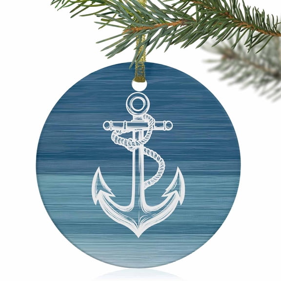 Ocean Nautical Anchor Christmas Ceramic Ornament 2025,3" Round Xmas Tree Hanging Accessories with Gold Ribbon
