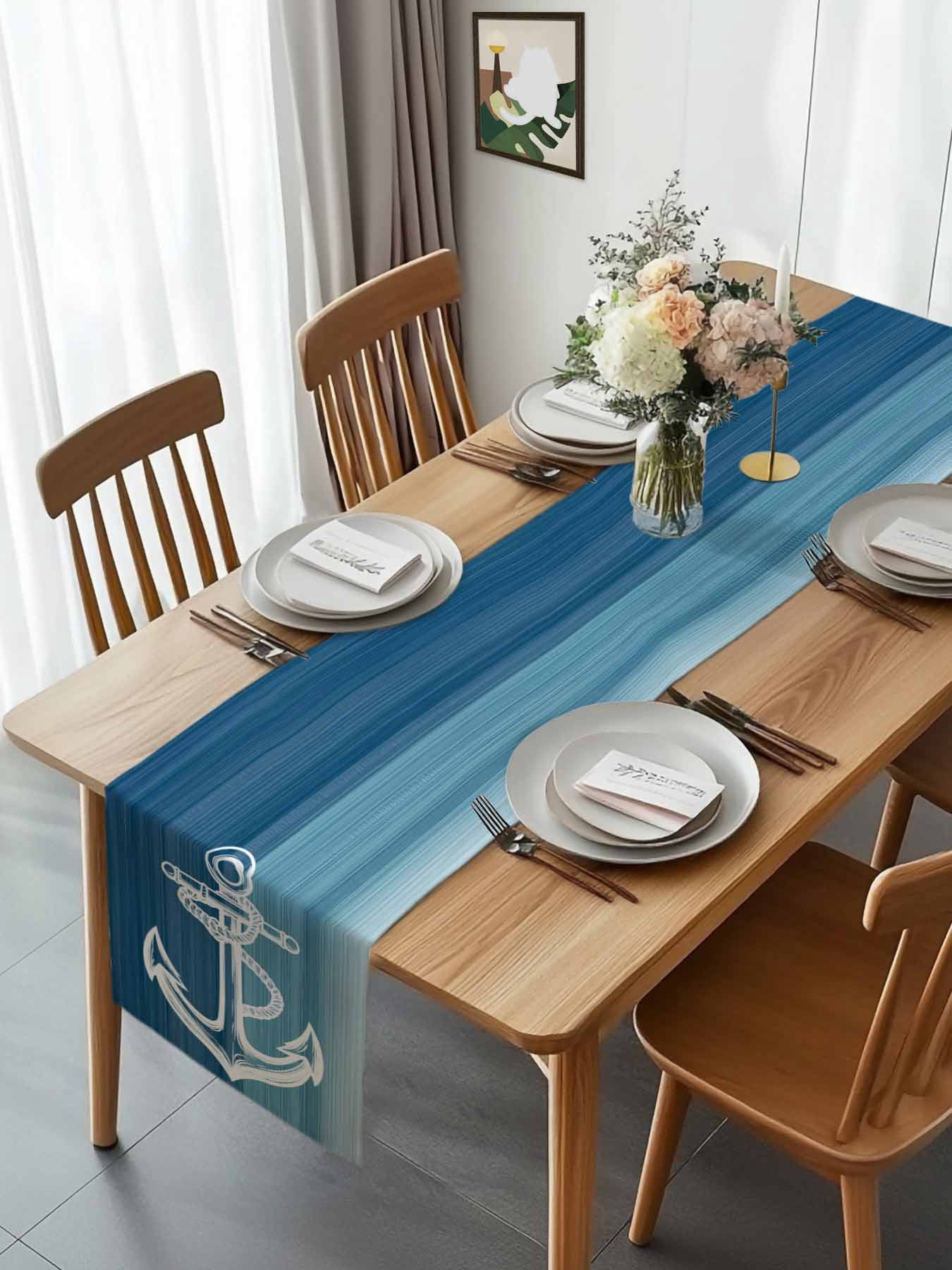 Ocean Nautical Anchor Table Runner 90 Inches Long, Gradient Blue Stripes Table Runners Tabletop Scarf Kitchen Dining Tables Decoration for Home Party Indoor Outdoor