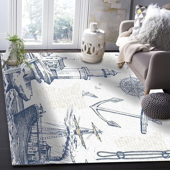 Ocean Nautical Area Rug, Blue Sea Coastal Lighthouse Boat Indoor