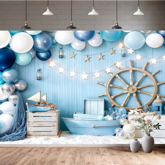 Ocean Nautical Backdrop - Blue Seaside Vinyl Background Cloth with Ship Wheel Sailboat Balloons Star Lights for Kids Birthday Party Baby Shower Photo Booth Portrait Studio Photoshoot,10X8FT