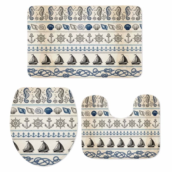 Ocean Nautical Bathroom Rugs Set Vintage Blue Beige Seahorse Shell Anchor Boat Ropes Non Slip Absorbent Soft Bath Mats 3 Piece Set with Bathroom Rug, U-Shaped Floor Mat, Toilet Seat Cover Small Size