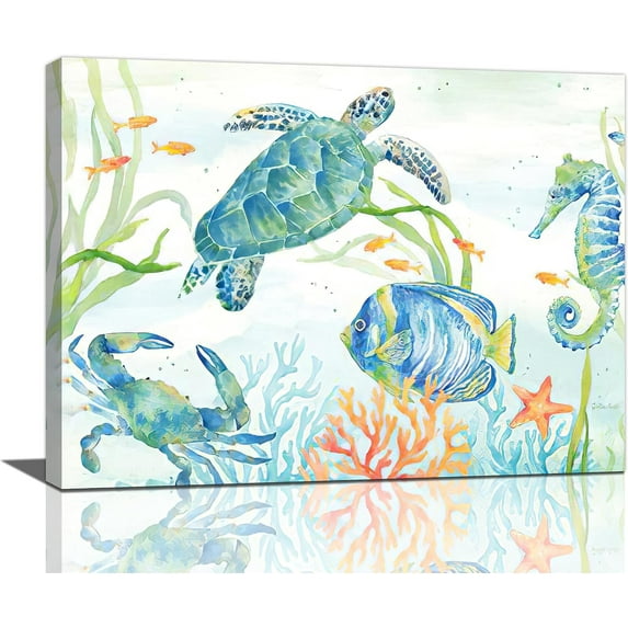 Ocean Nautical Decor Wall Art Sea Turtle Seahorse Fish Pictures Canvas Painting Framed Artwork for Bathroom Living Room Bedroom 12''''X16''''