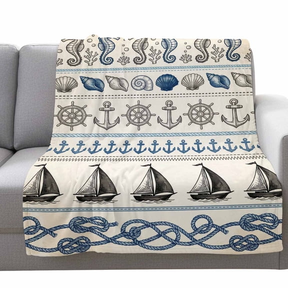 Ocean Nautical Fleece Throw Blanket Lightweight Vintage Blue Beige Seahorse Shell Anchor Boat Ropes Fuzzy Flannel Throws Super Soft Cozy Flannel Blanket for Couch, Sofa, Bed, Travel 50"x80"