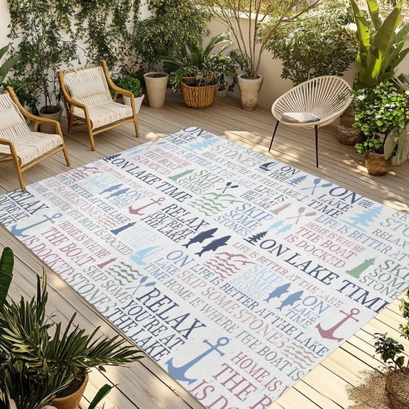 Ocean Nautical Outdoor Rug for Patio/Deck/Porch, Non-Slip Large Area Rug 3 x 5 Ft, Rustic Anchors Fish Oars Lighthouses Indoor Outdoor Rugs Washable Area Rugs, Reversible Camping Rug Carpet Runner